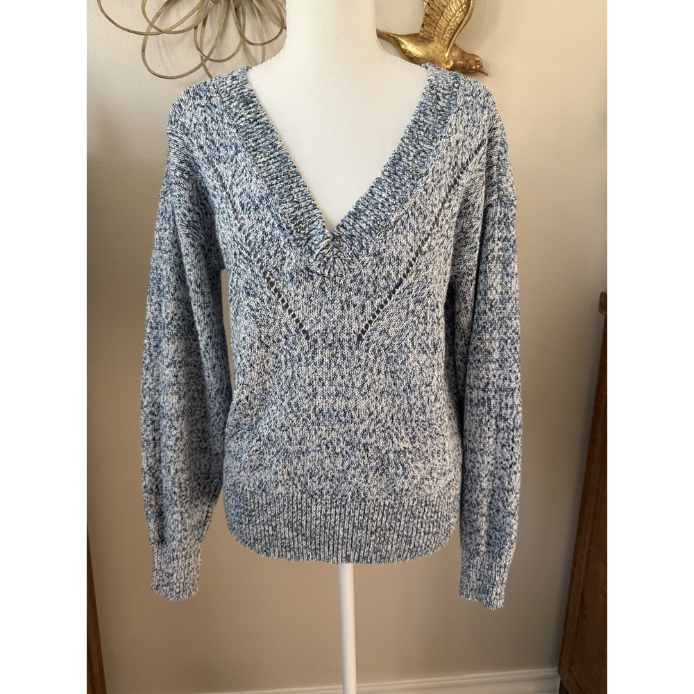 White House Black Market Sweater Womens M Blue Marled V Neck Knit Pullover‎